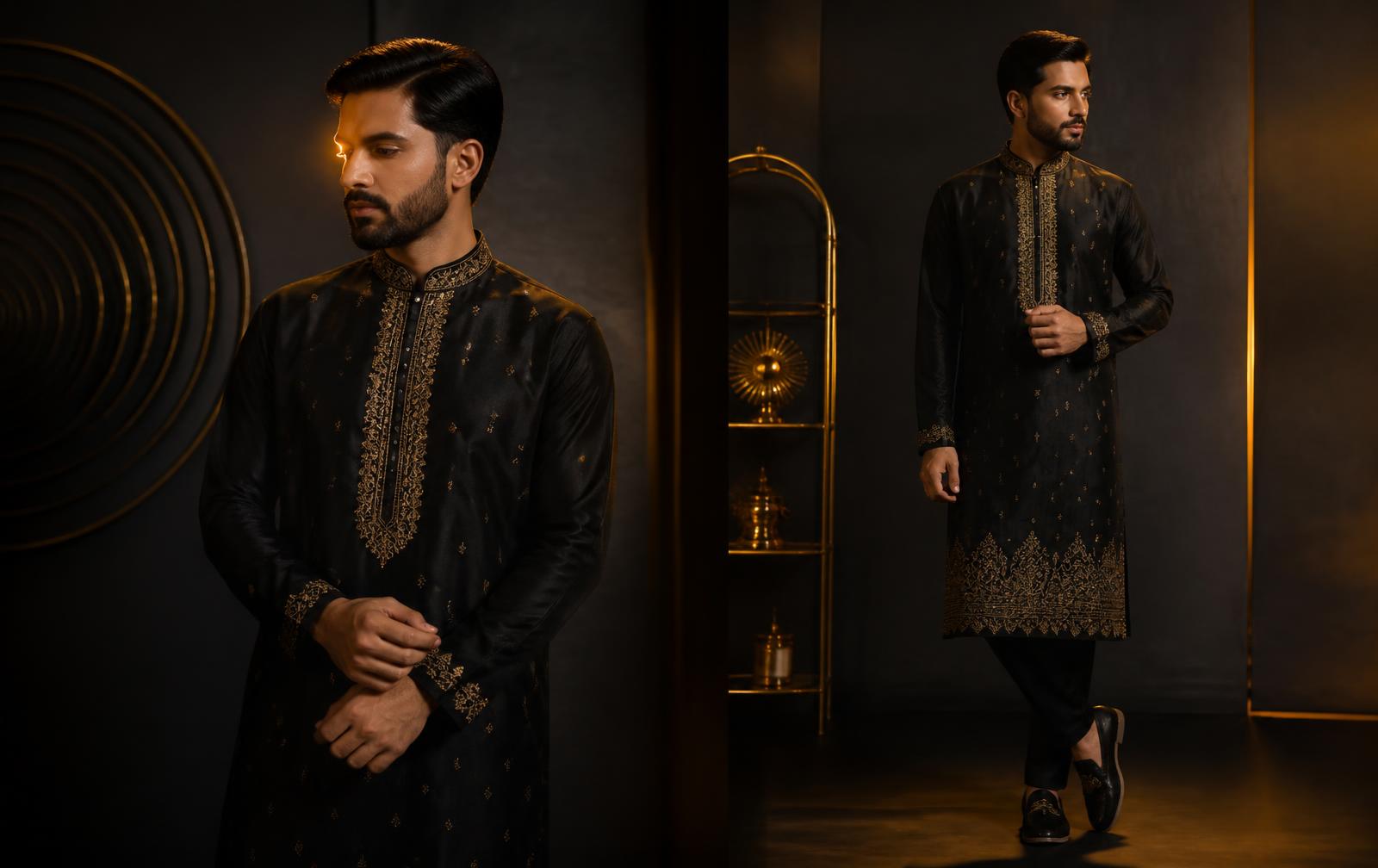 Model wearing a black and gold embroidered panjabi