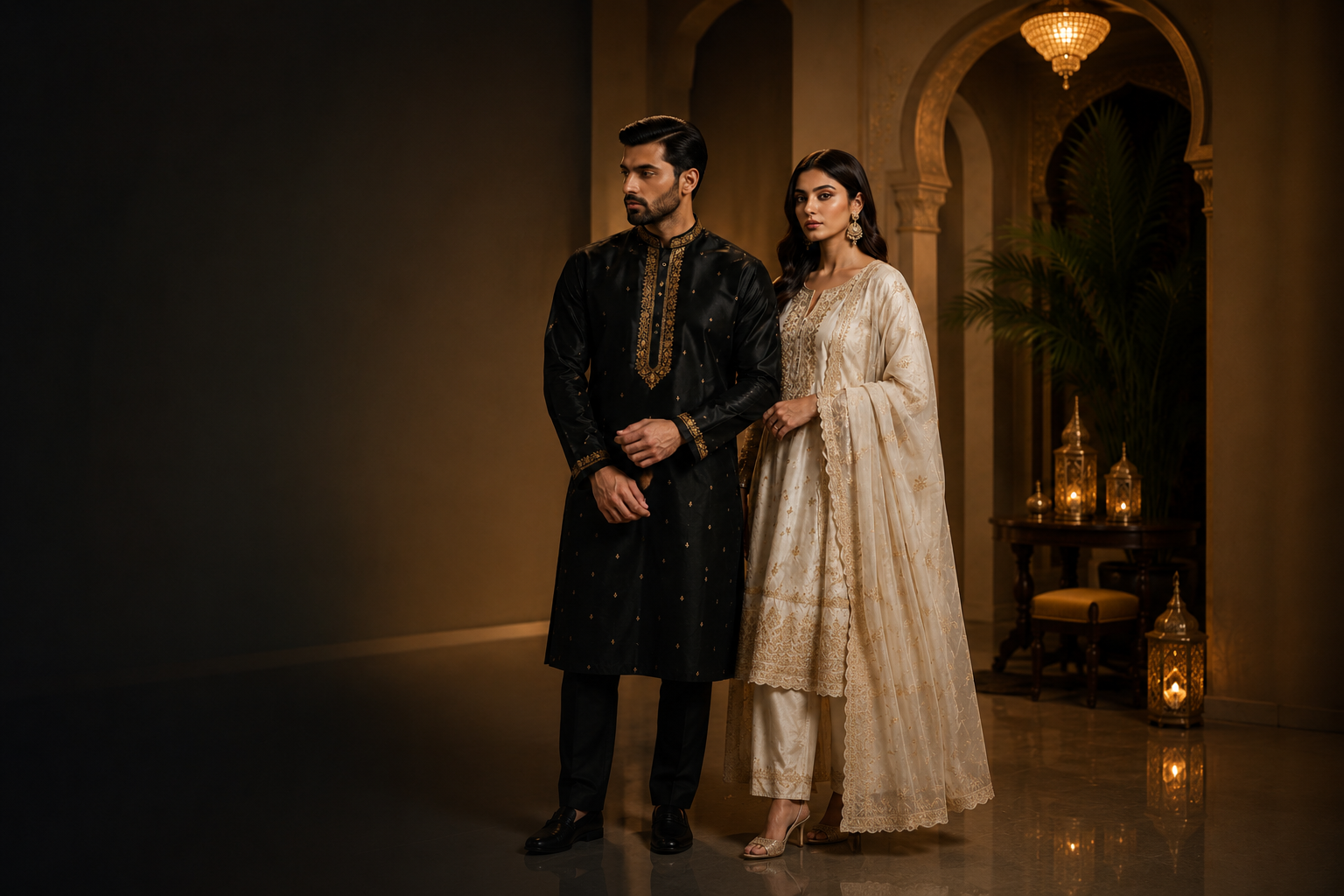 Model wearing a black and gold embroidered panjabi
